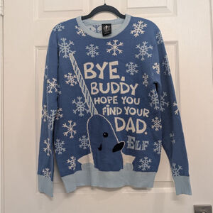 Unisex Elf Blue & White Narwhal Christmas Crew Neck Sweater S Funny Ugly